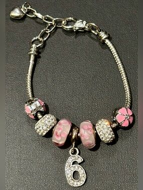 Pink and Silver Charm Bracelet Glass Beads Rhinestone Flowers #6 Dangle